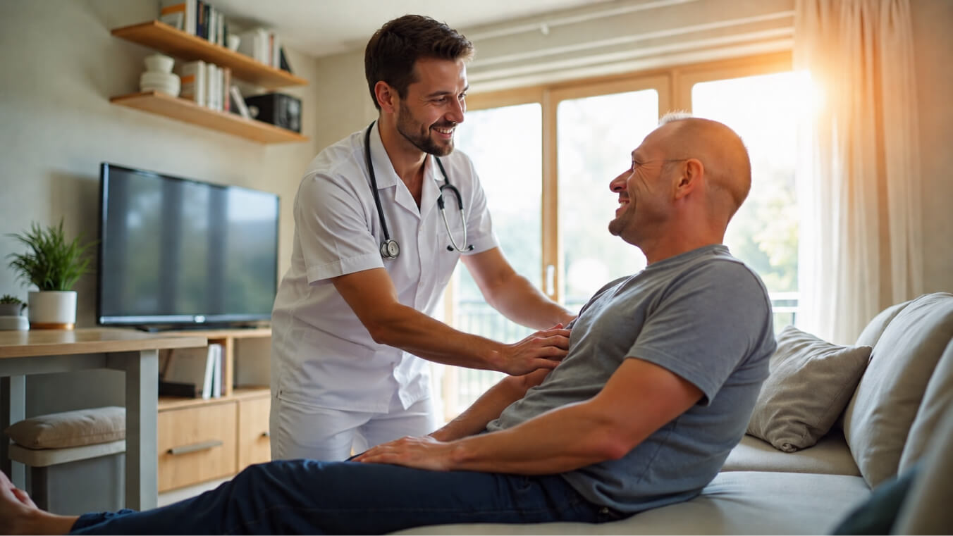 Male physiotherapist providing DVA-funded rehabilitation support to a smiling Australian veteran during an in-home physiotherapy session.