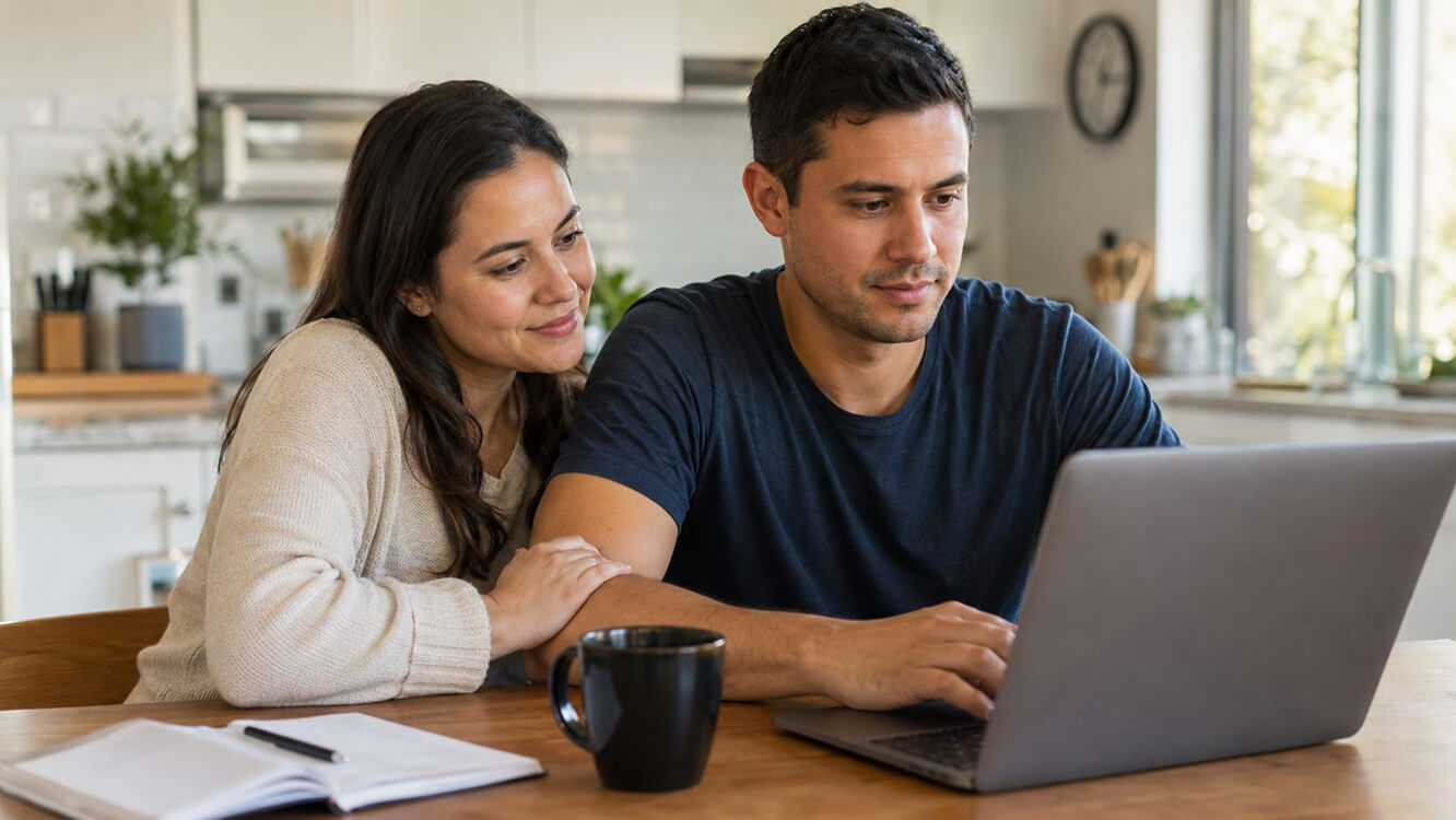 Veteran and partner reviewing DVA claim and family support options together at home. 