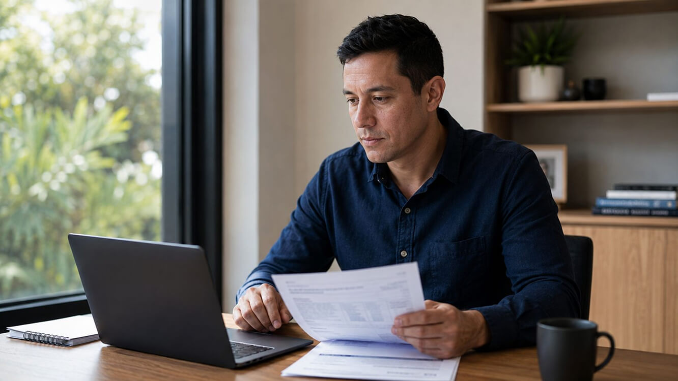 Young Australian veteran reviewing financial documents at home desk to understand DVA Gold Card asset test eligibility.