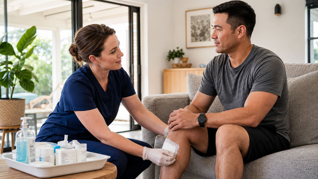 Community nurse providing DVA wound care to a young Australian veteran at home.