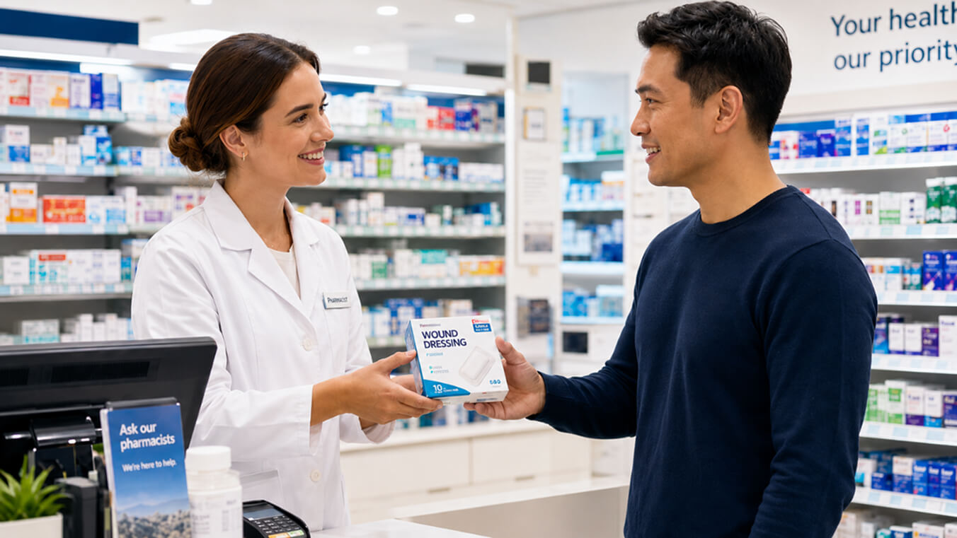 Pharmacist providing RPBS wound care items to a young Australian veteran.