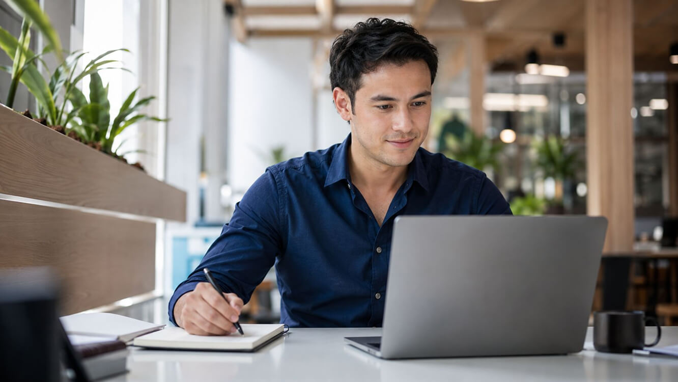 Young Australian veteran using the prime ministers veterans employment program resources in a civilian office.