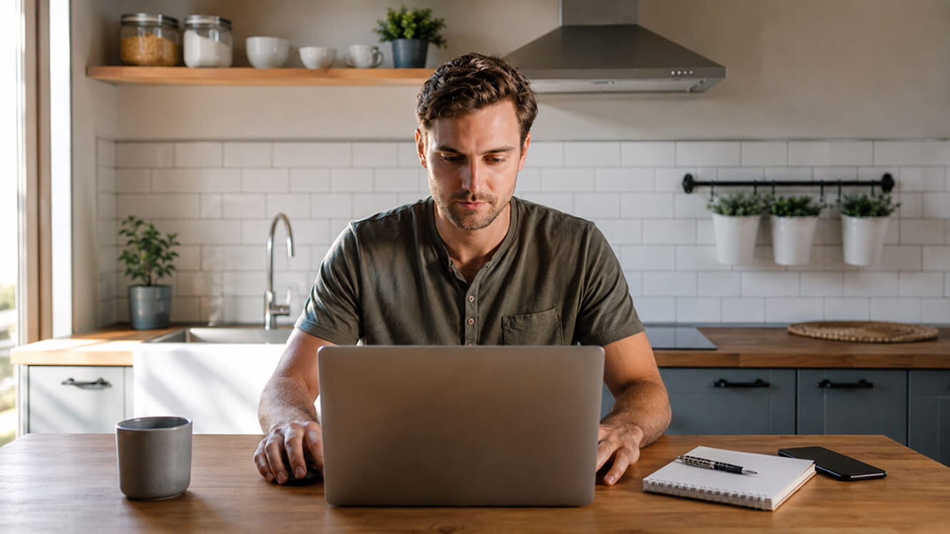 Male veteran using a laptop at his kitchen table to check Veteran White Card eligibility for DVA-funded mental health treatment.