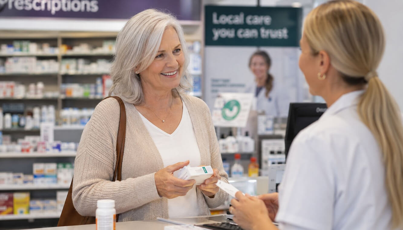 Older female veteran using Commonwealth Seniors Health Card for cheaper PBS medicines.