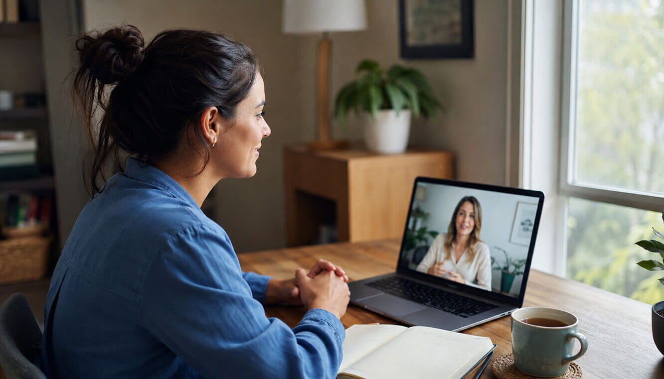 Veteran's partner accessing free Open Arms family counselling online in Australia.
