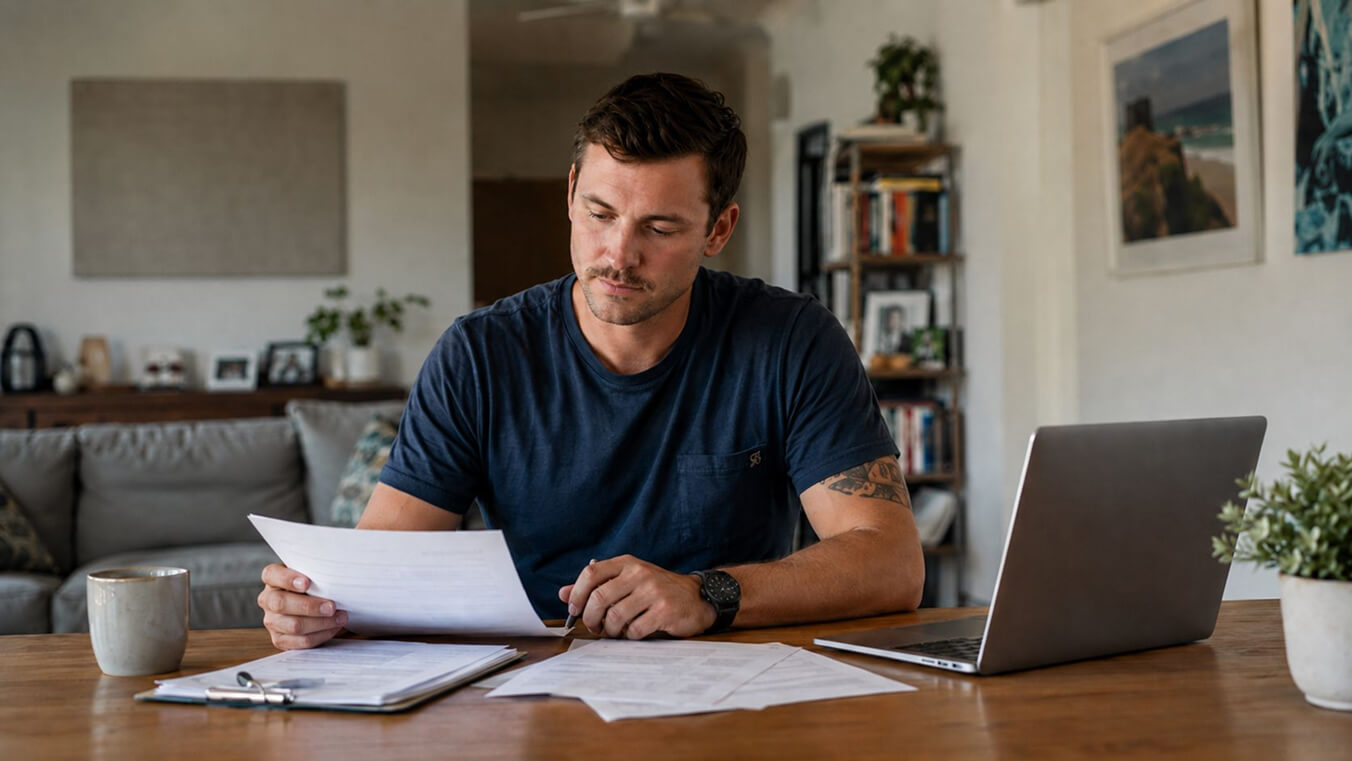 Australian veteran reviewing DVA paperwork at home while managing claim challenges and delays.