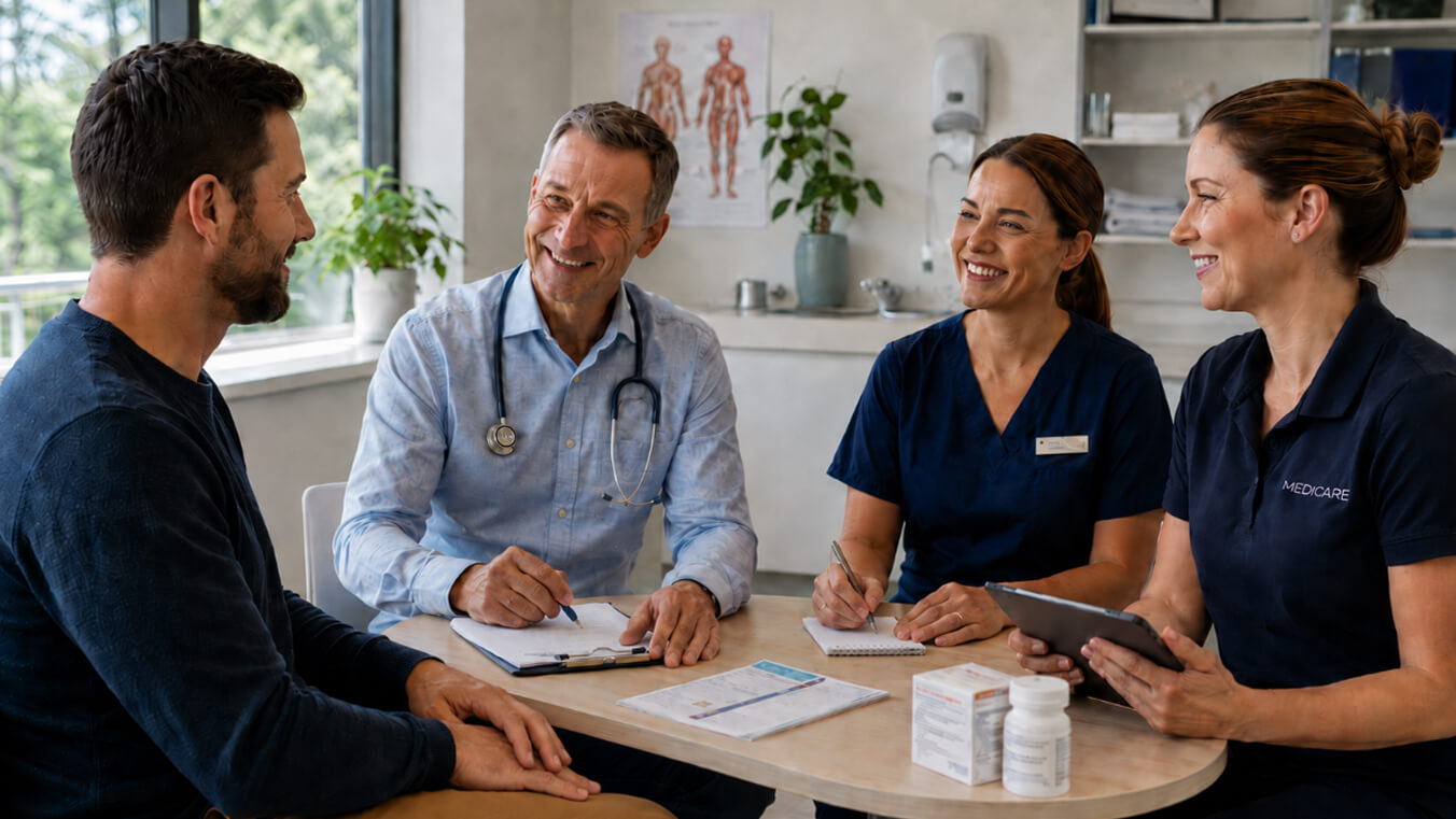 Australian veteran discussing Veteran White Card coverage for medical and allied health services with a GP, nurse and physiotherapist.