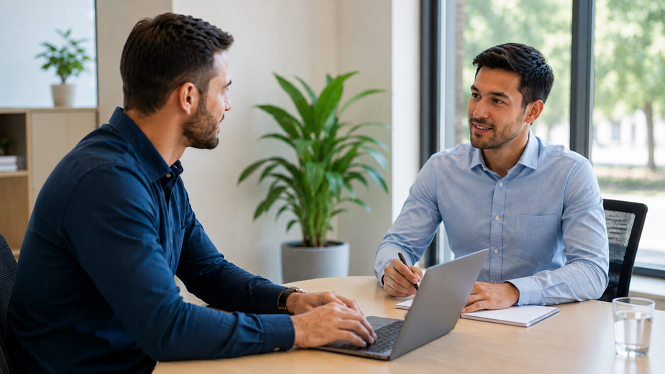 DVA claim specialist guiding a young Australian veteran through the compensation claim process in a professional civilian office.