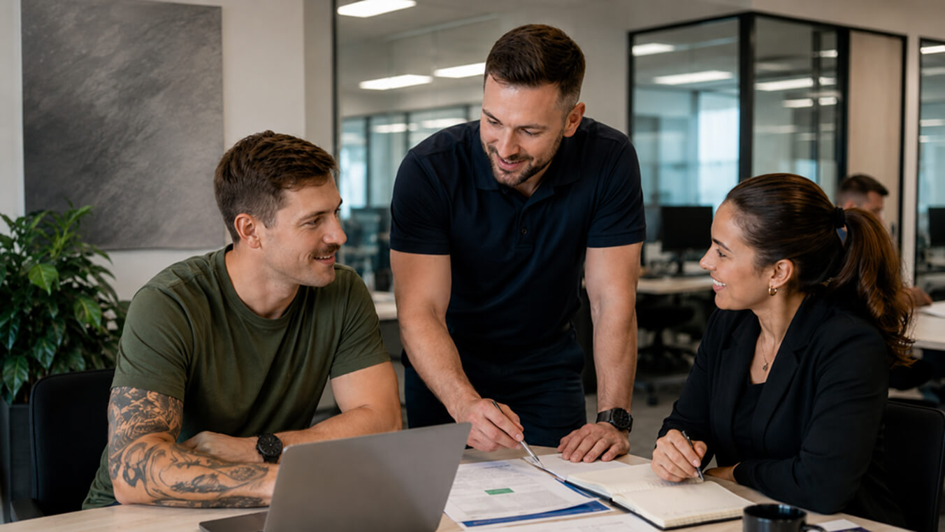 Australian veterans and a career consultant reviewing employment pathway documents in a modern civilian workplace.