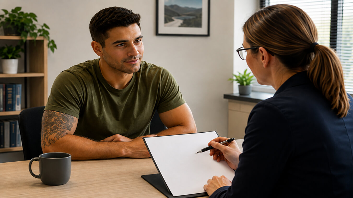 Young Australian veteran meeting with a consultant to discuss a DVA permanent impairment claim in a modern office.