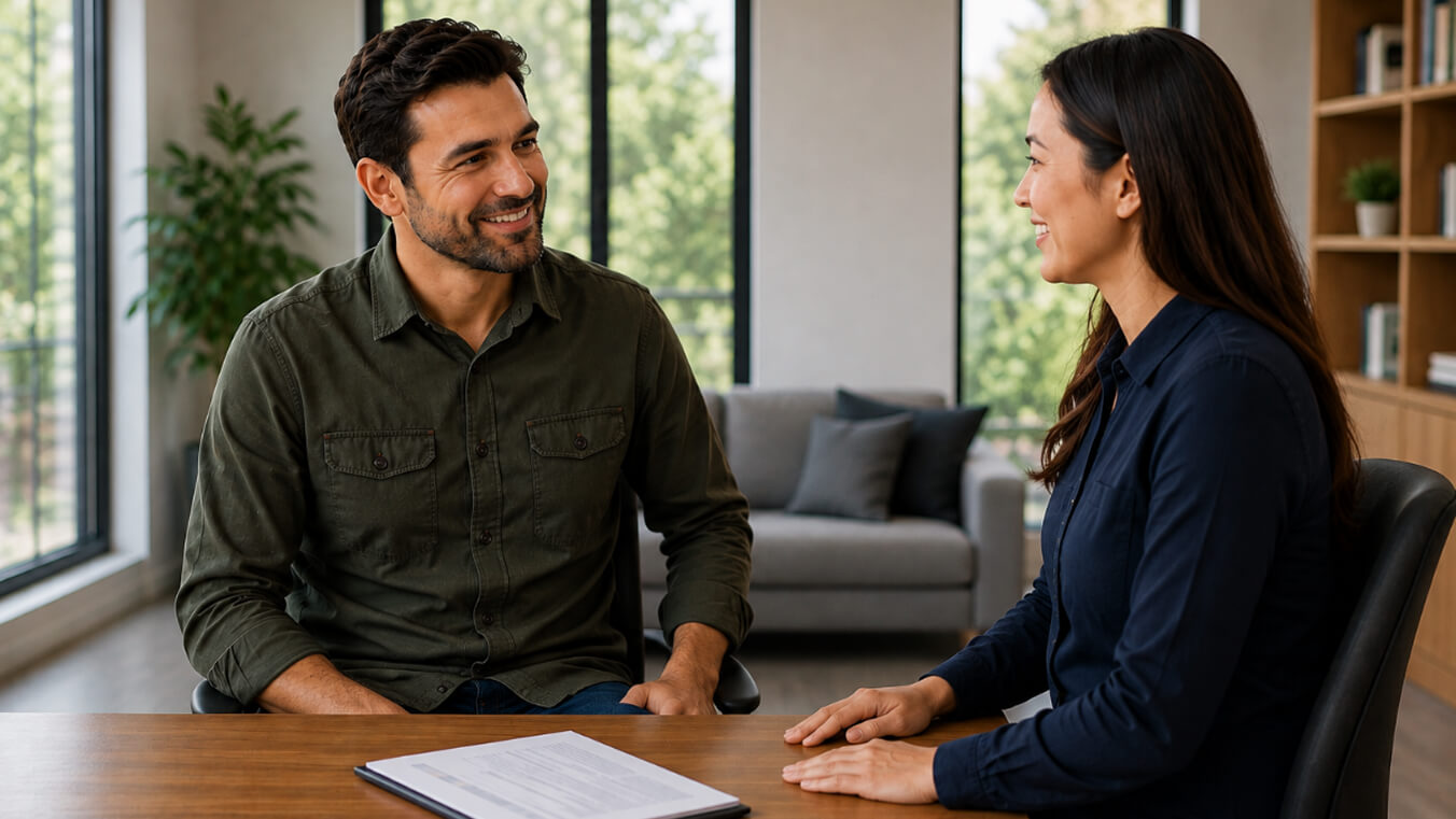 Australian veteran discussing discounted phone and internet services with an adviser as part of available defence discounts in Australia.