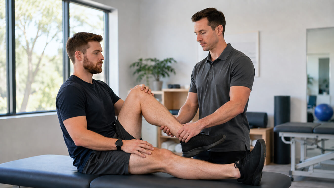 Young male veteran undergoing a knee assessment during a DVA physiotherapy session with a physiotherapist in a modern clinic.