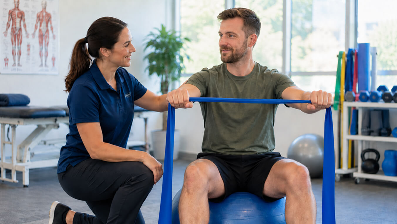 Veteran performing a resistance band exercise on a stability ball with guidance from a DVA physiotherapist in a modern clinic.