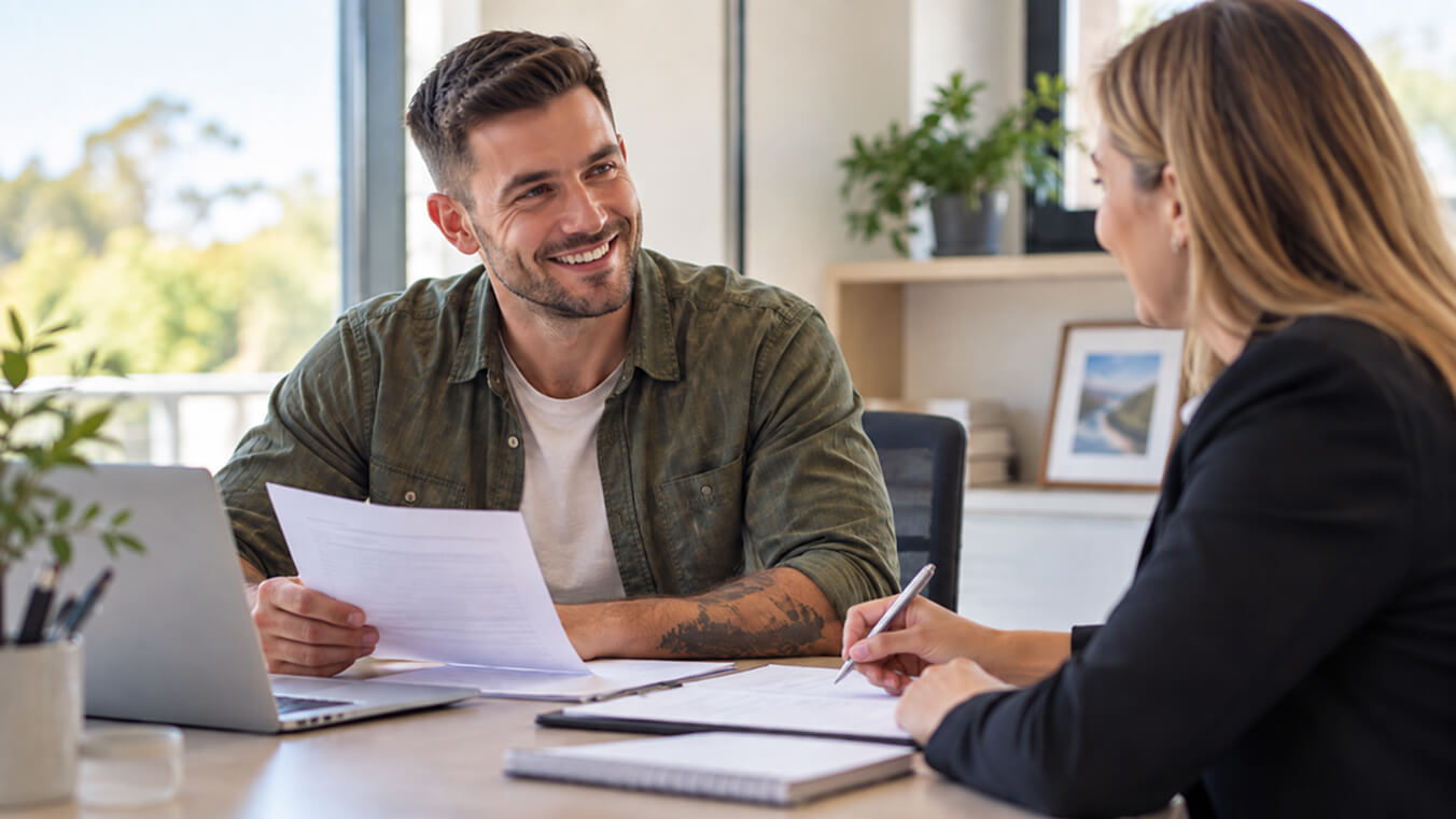 Young Australian veteran reviewing MRCA claim documents with a DVA claims consultant in a supportive office setting.