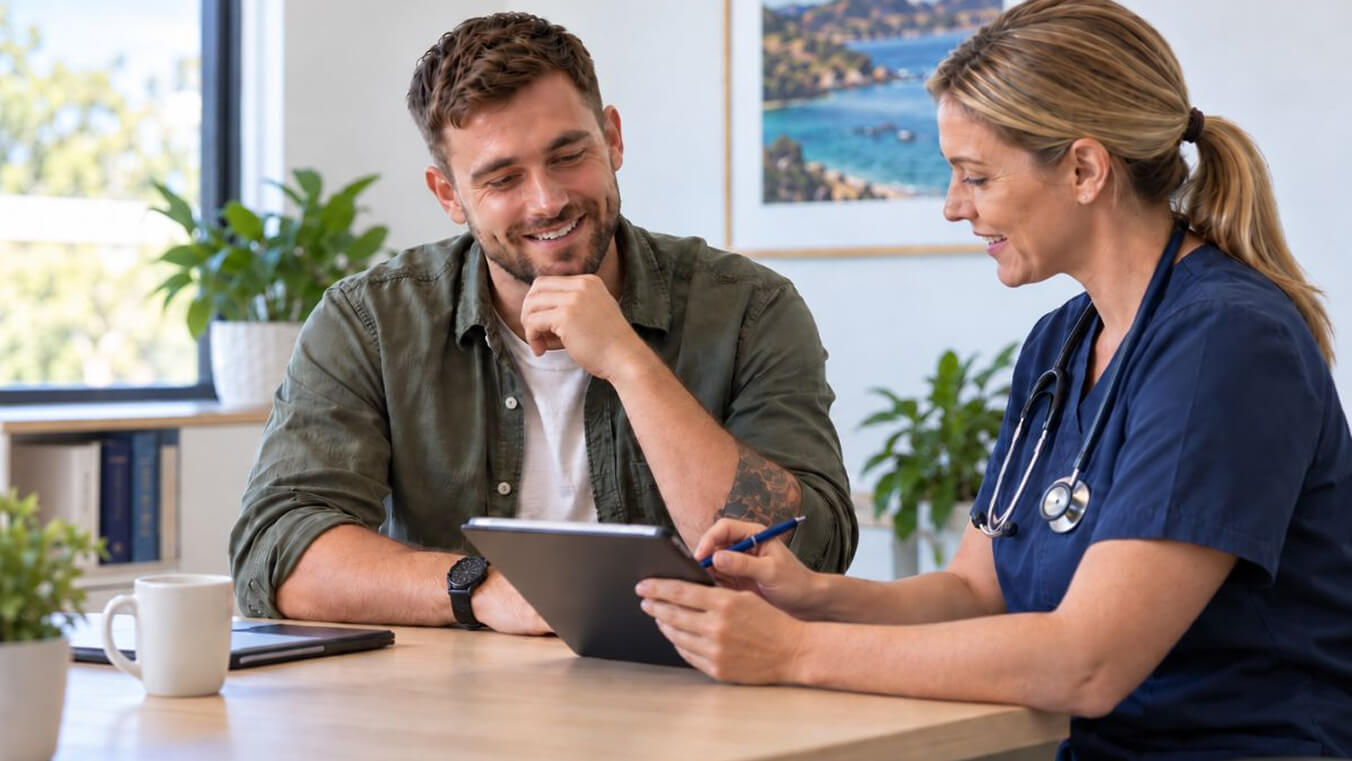 Young Australian veteran reviewing MRCA-supported health conditions with a healthcare professional on a tablet in a welcoming office.