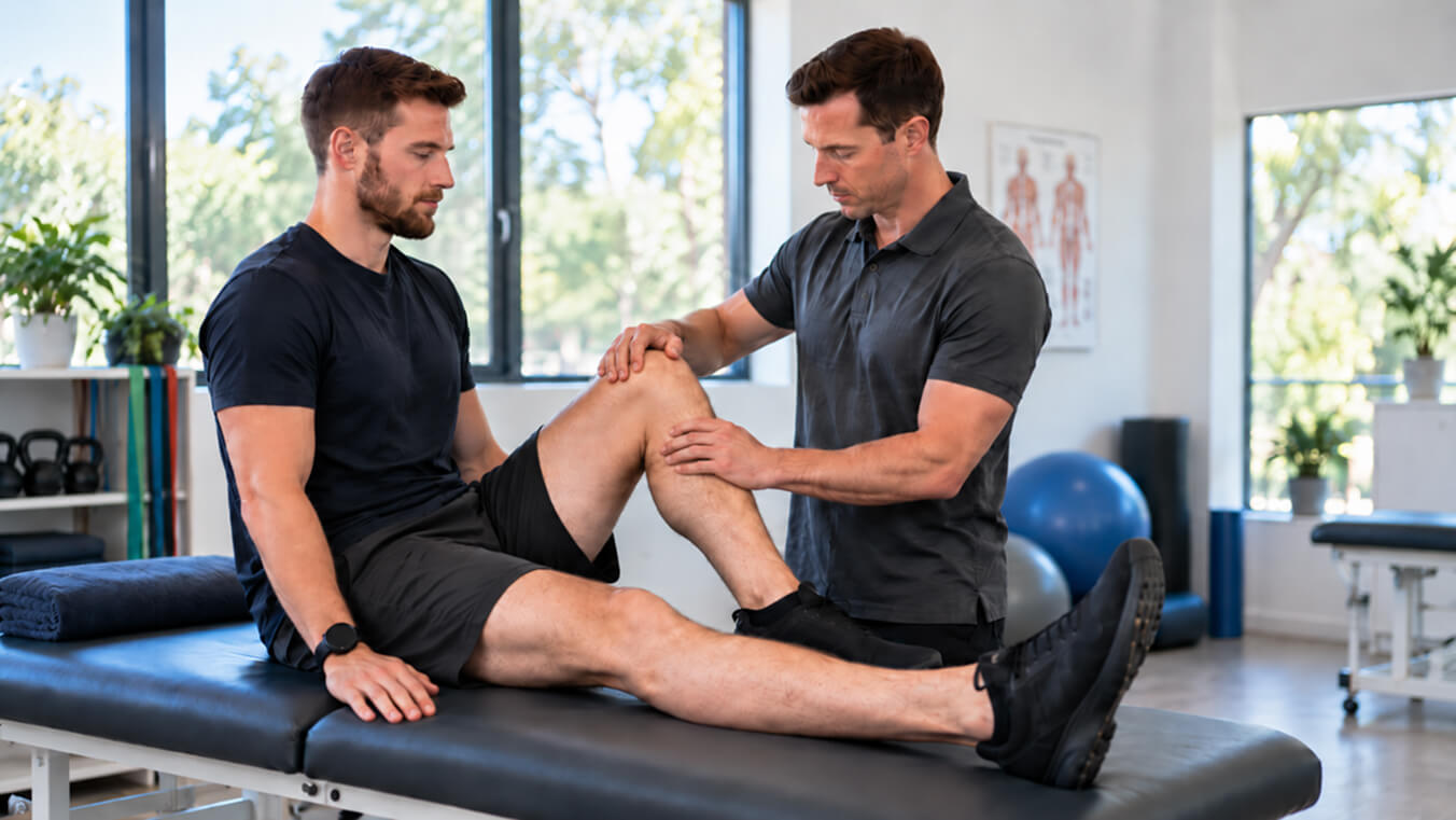 Young male veteran undergoing a knee assessment with a physiotherapist during a DVA physiotherapy session in a modern rehabilitation clinic.