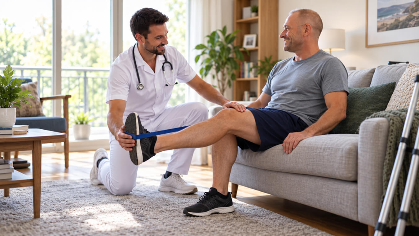 Male physiotherapist guiding a smiling Australian veteran through a resistance band leg exercise during a DVA-funded in-home physiotherapy session.