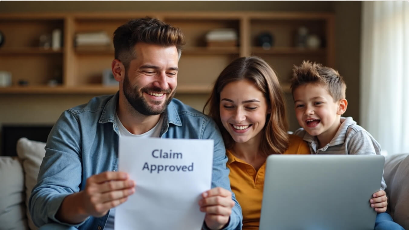 Australian veteran celebrating an approved DVA initial liability claim at home with his family while reviewing the outcome on a laptop.