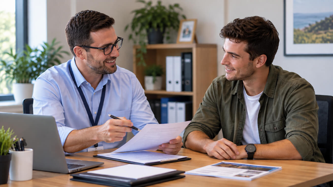Support specialist guiding a young Australian veteran through DVA initial liability claim documents in a welcoming office setting.