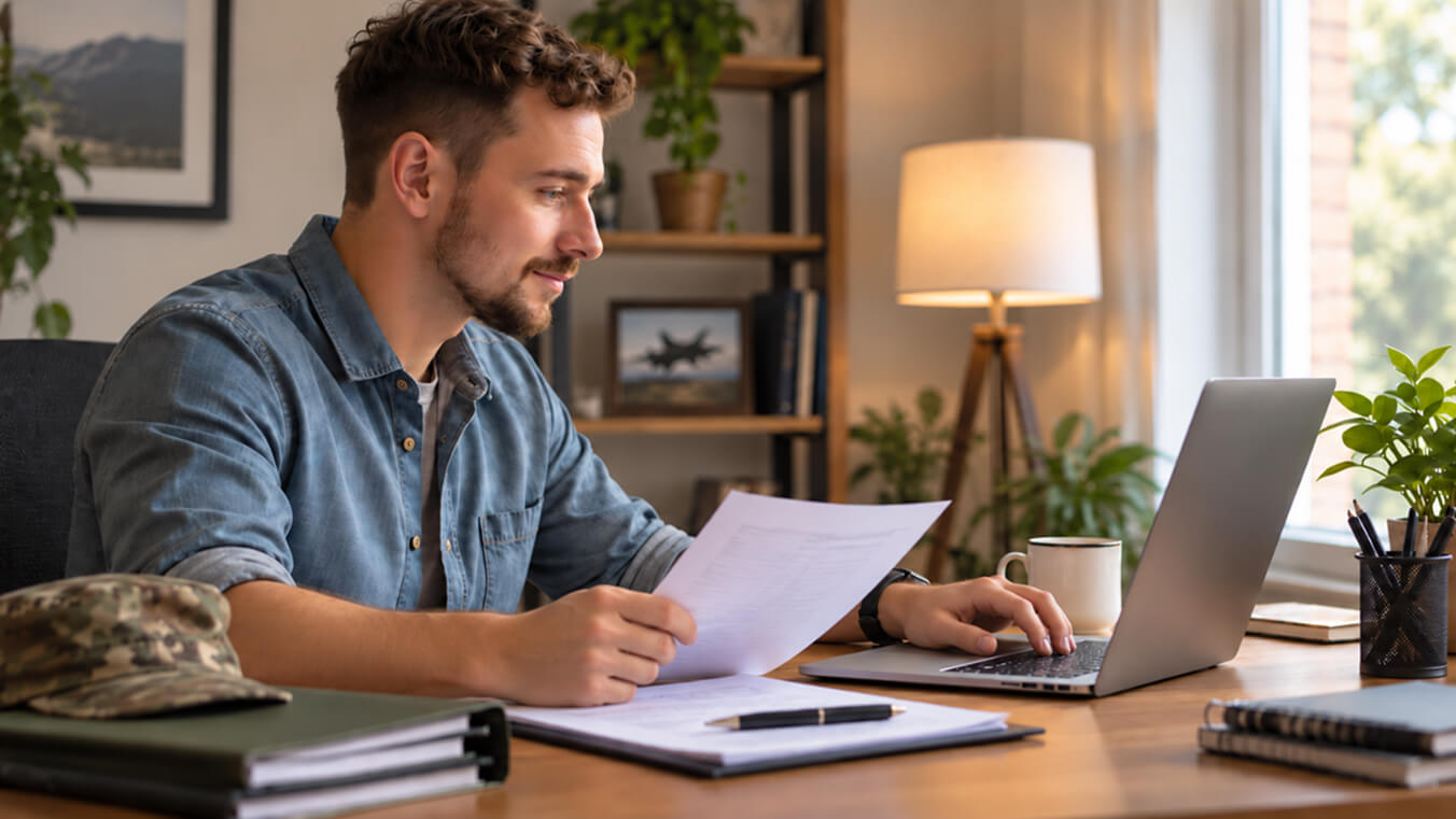 Young Australian veteran at home preparing service documents for a DVA initial liability claim in a focused and organised workspace.