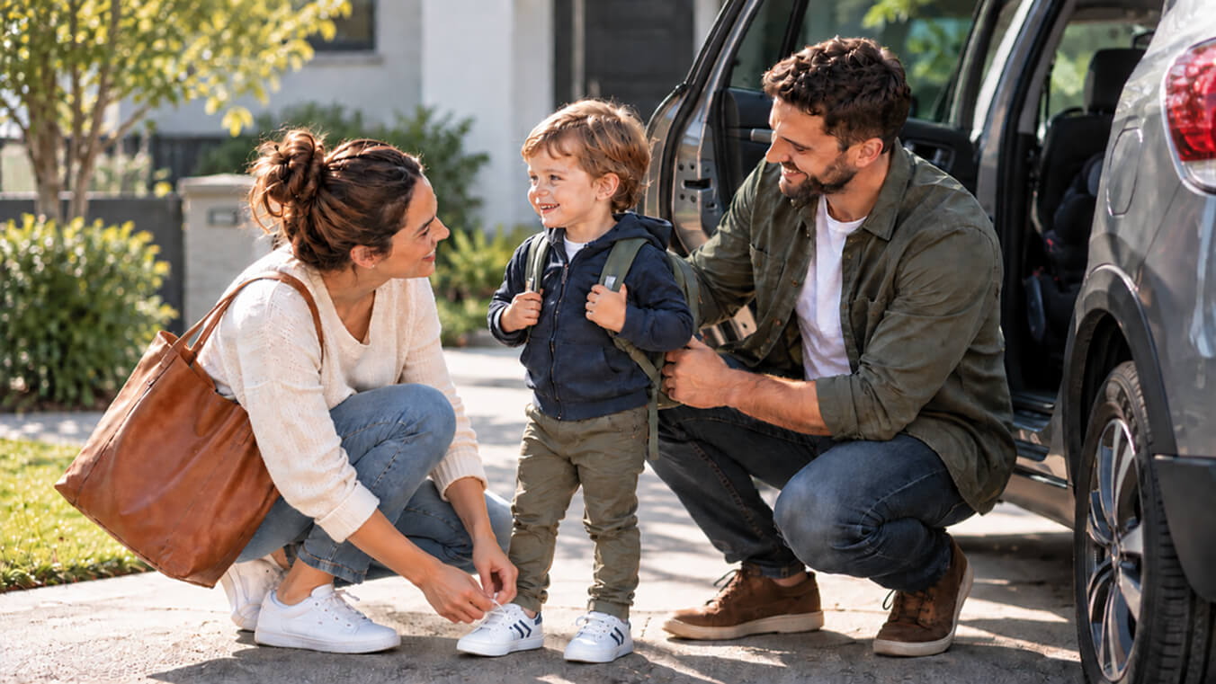 Young Australian family with a toddler preparing to leave beside their car, representing everyday support and benefits available to eligible DVA Gold Card dependants.