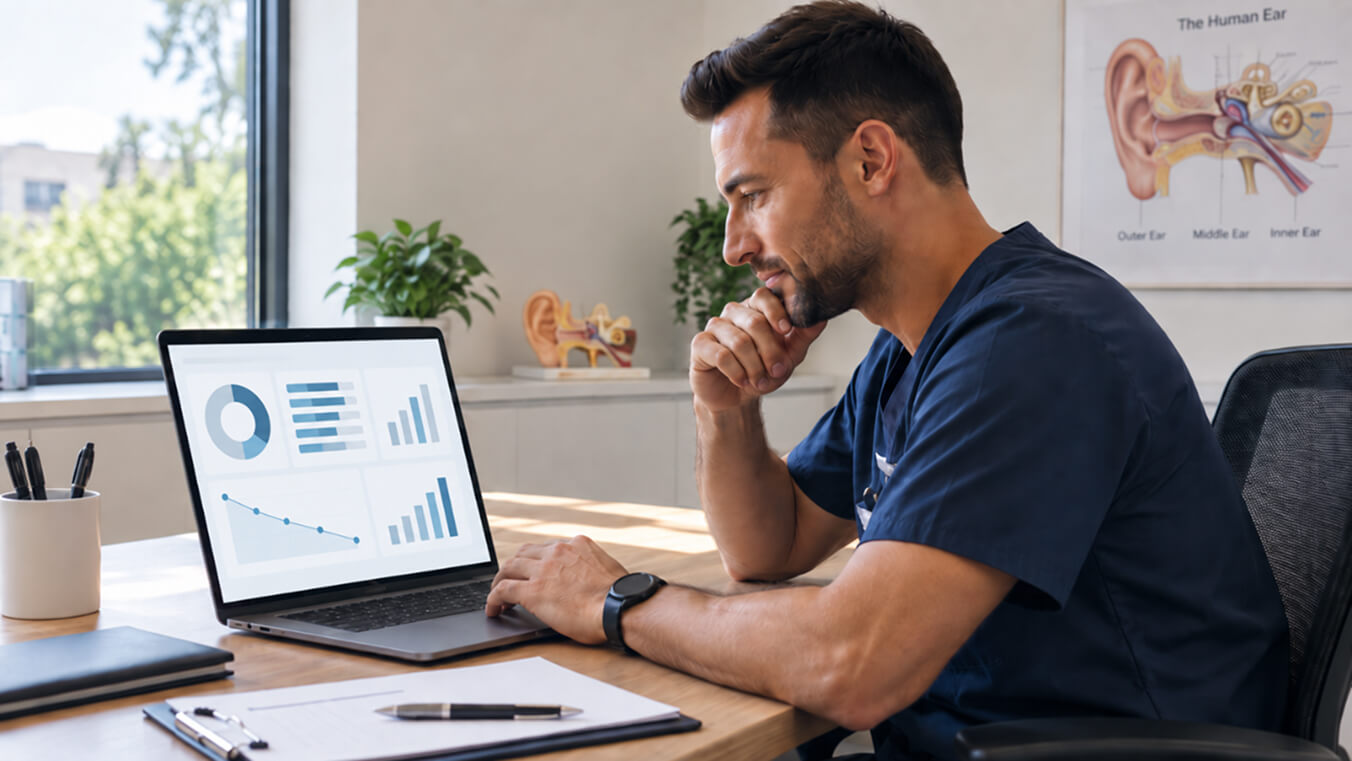 Clinician reviewing Tinnitus Functional Index (TFI) results on a laptop in an audiology clinic to assess tinnitus severity and treatment progress.