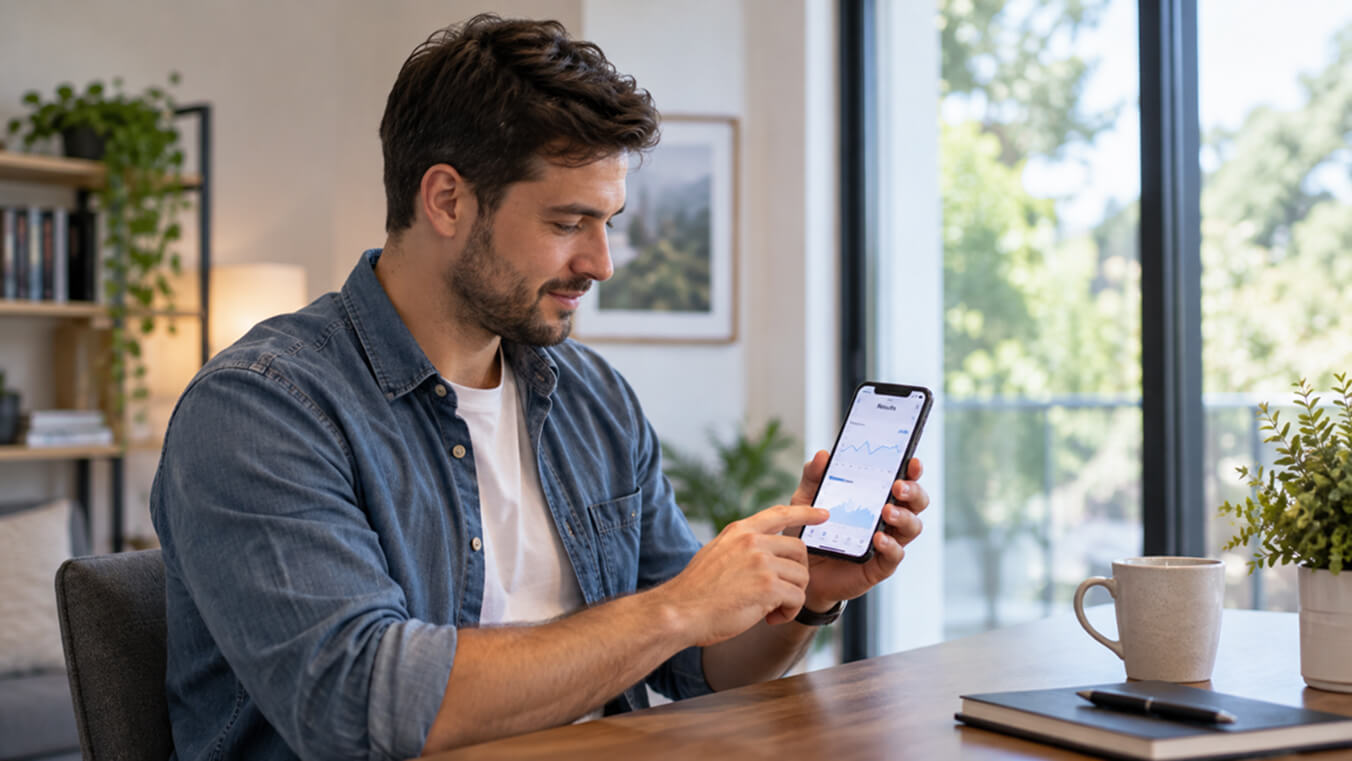 Australian veteran calmly tracking tinnitus treatment progress on a mobile app displaying Tinnitus Functional Index (TFI) score charts.