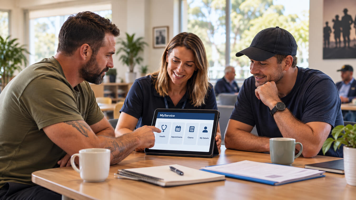 Young Australian veterans using the MyService portal on a tablet to review DVA healthcare access and eligibility in a supportive community setting.
