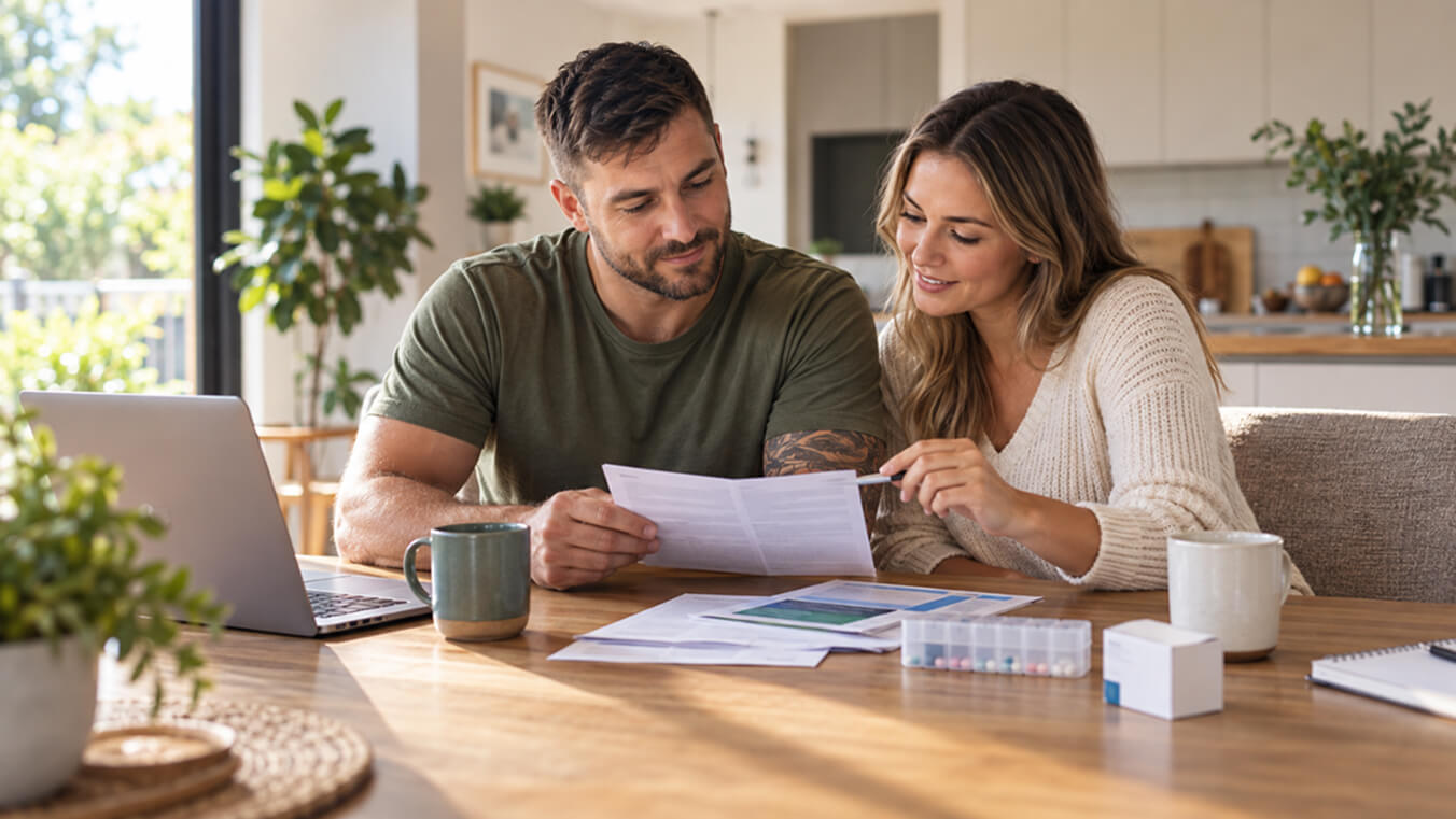 Young Australian veteran and his partner reviewing medication information and healthcare documents at home, reflecting the legacy of the DVA Veterans MATES program and its focus on medication safety.