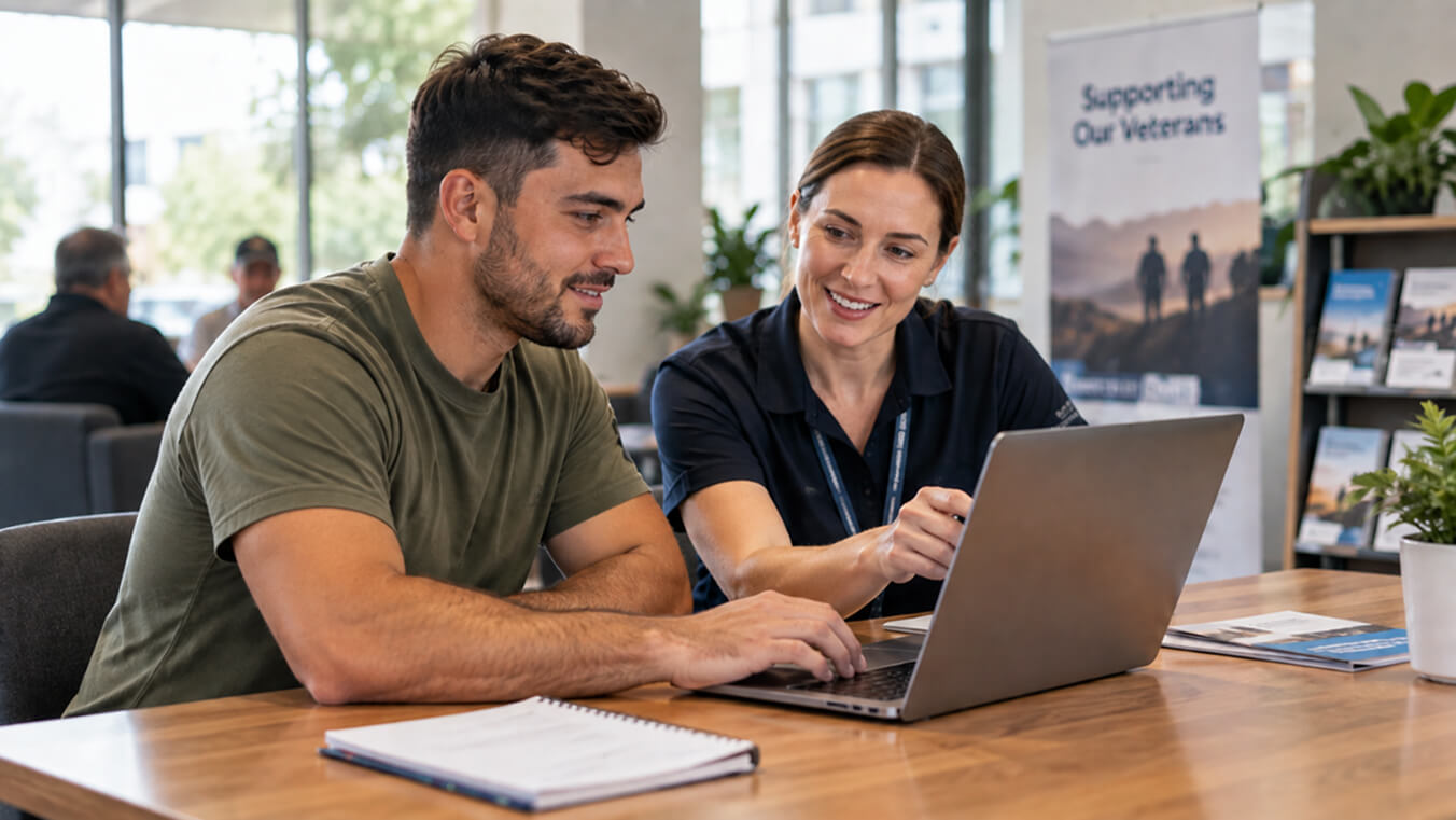 Young Australian veteran accessing online health information with support from a health professional.