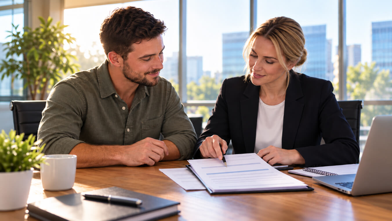 Young Australian veteran reviewing DVA Gold Card Medicare Levy Surcharge exemption information with a consultant in a professional office.