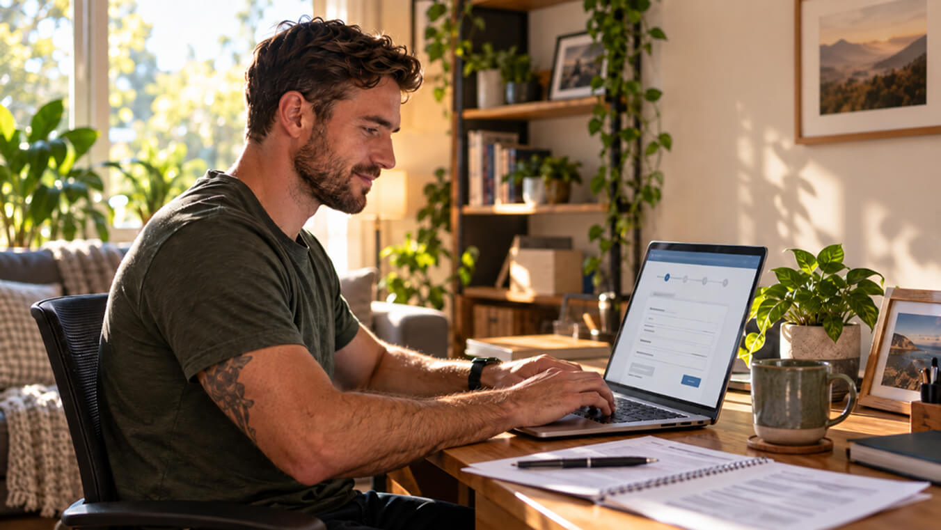 Young Australian veteran using a laptop at home to apply online for a Medicare Levy Surcharge exemption linked to DVA Gold Card eligibility.