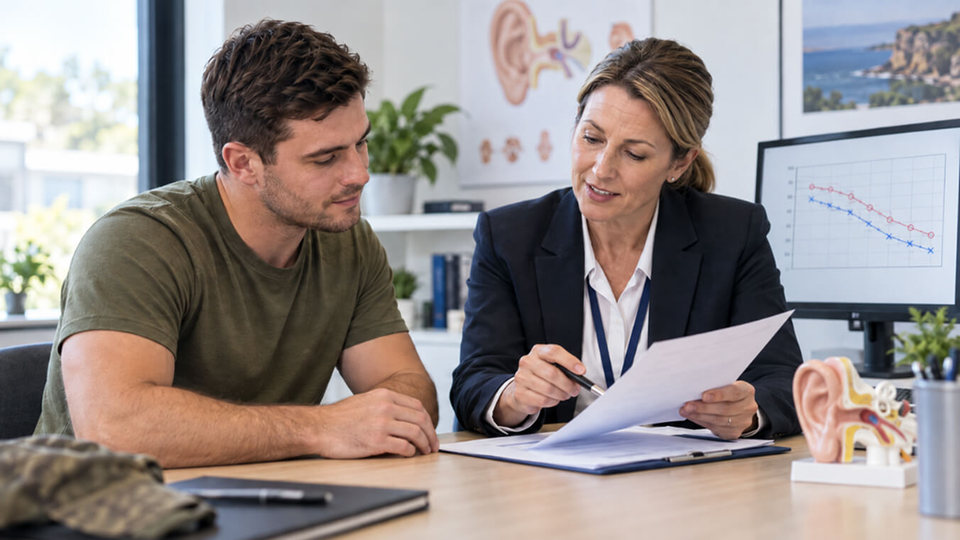 Young Australian veteran reviewing hearing test results with a specialist during a consultation about DVA hearing loss compensation.