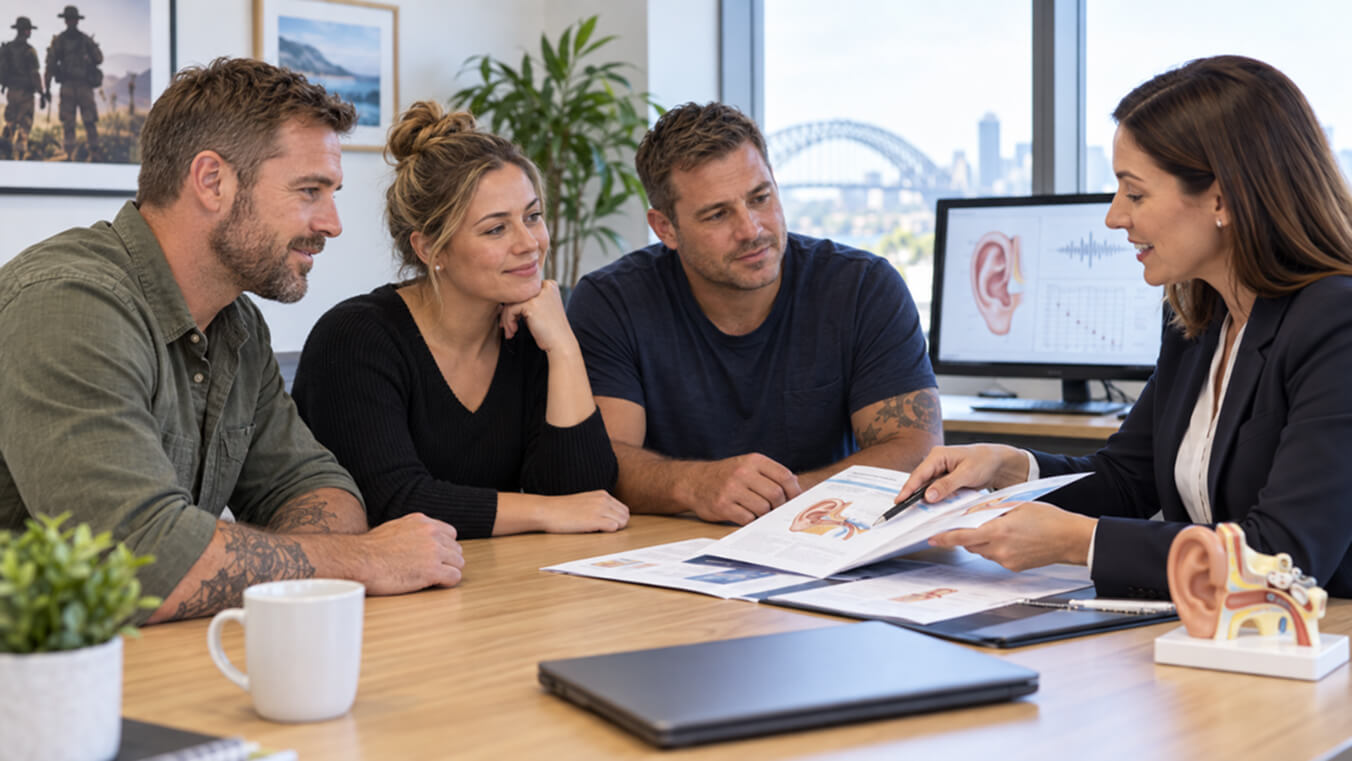 Australian veterans reviewing hearing loss compensation options with a DVA representative during a supportive consultation.