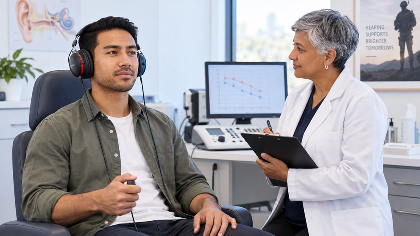 Young Australian veteran completing an audiometric hearing test in a modern clinic while an audiologist records the results on a clipboard.