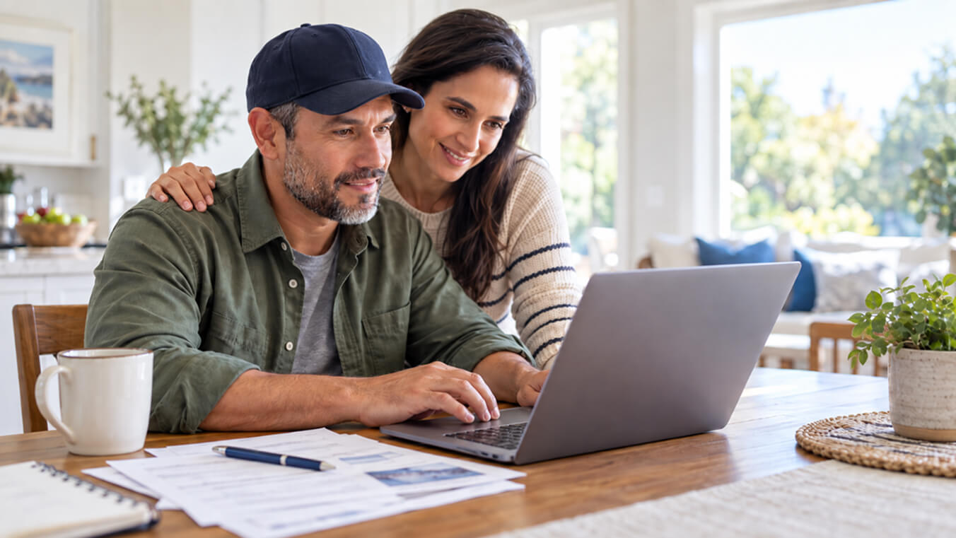 Australian veteran and partner reviewing Veteran Health Check information on a laptop at home.