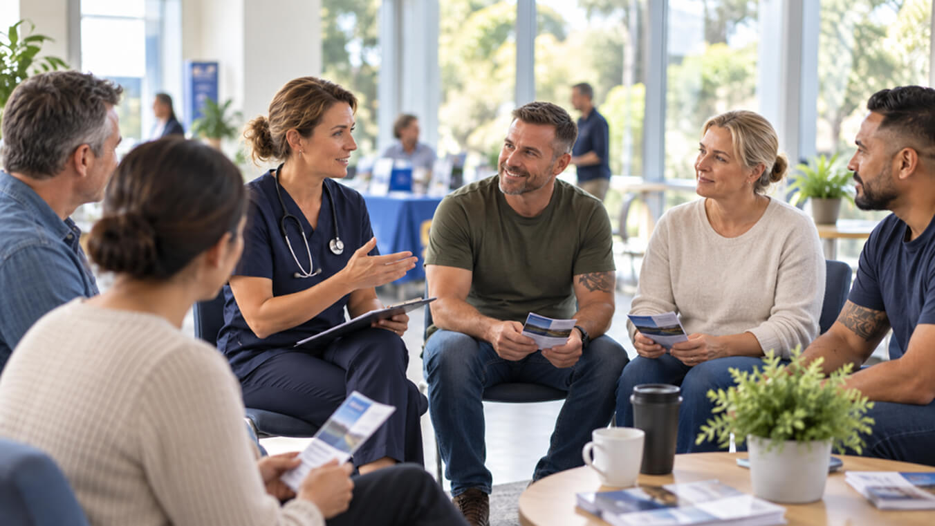 Australian veterans meeting with a healthcare professional at a community event about Veteran Health Check services and support.