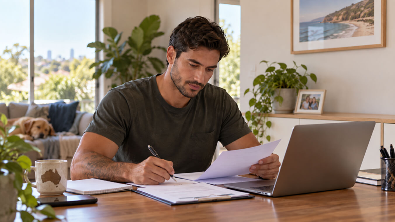 Young Australian veteran reviewing service documents at his desk at home, showing focus and determination.