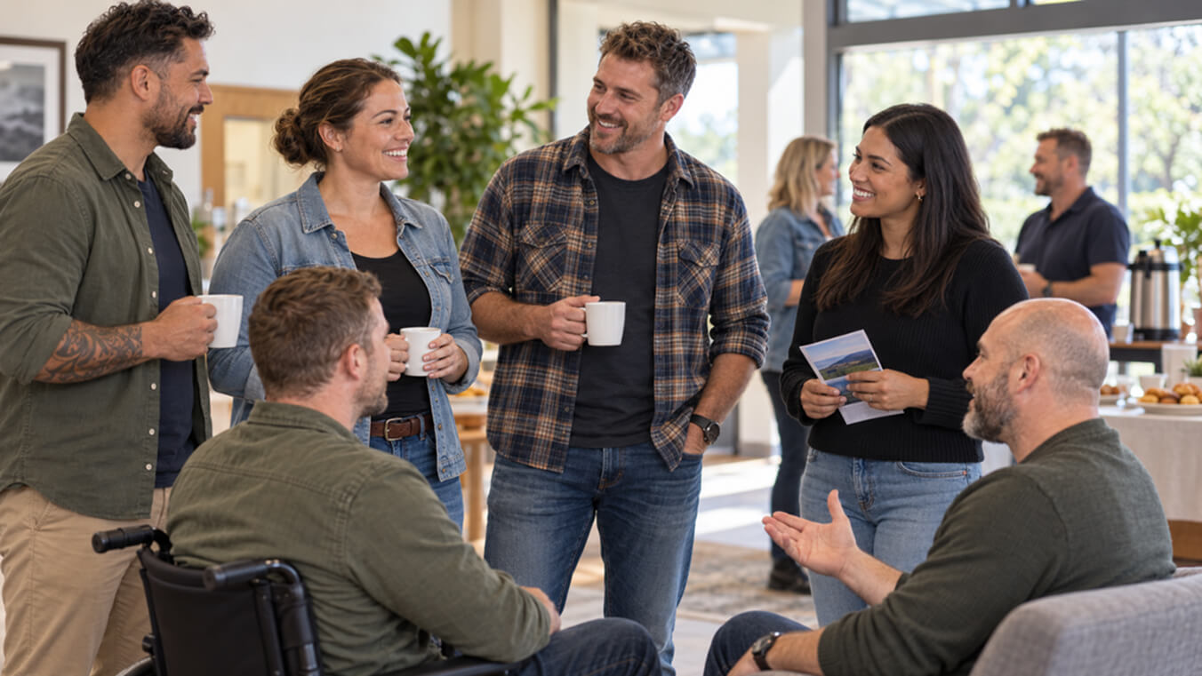 Diverse group of Australian veterans connecting at a welcoming community event, reflecting support, inclusion, and life after service.