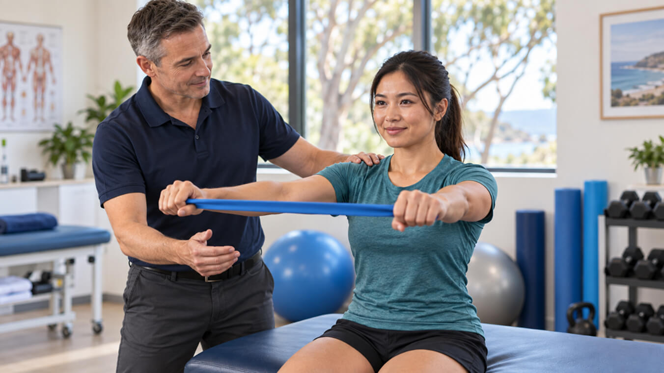Asian-Australian woman veteran performing shoulder rehabilitation with a physiotherapist in a modern clinic under the DVA allied health treatment cycle.