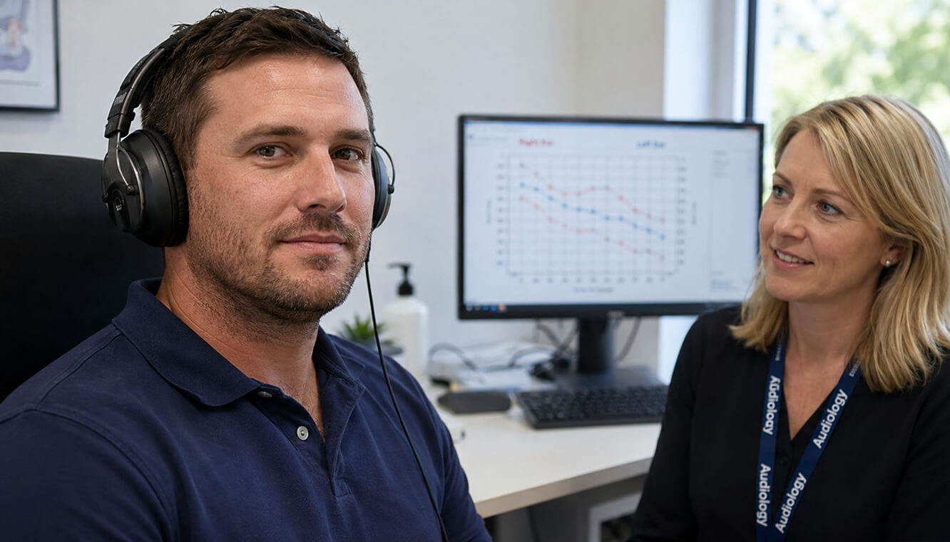 Young Australian veteran undergoing a DVA hearing assessment with an audiologist in a modern clinic.