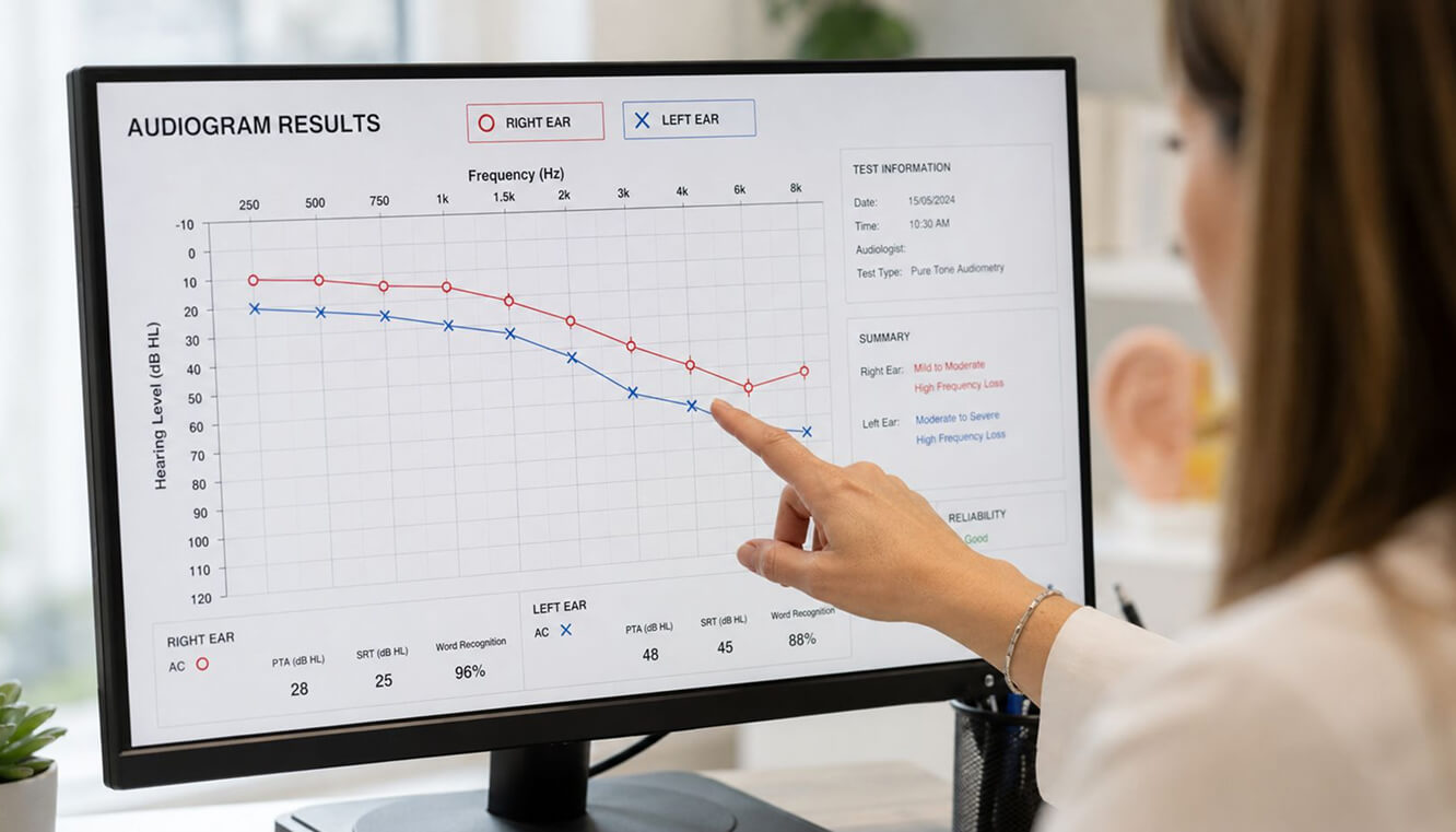 Audiogram chart used in a DVA hearing assessment showing binaural hearing thresholds. 