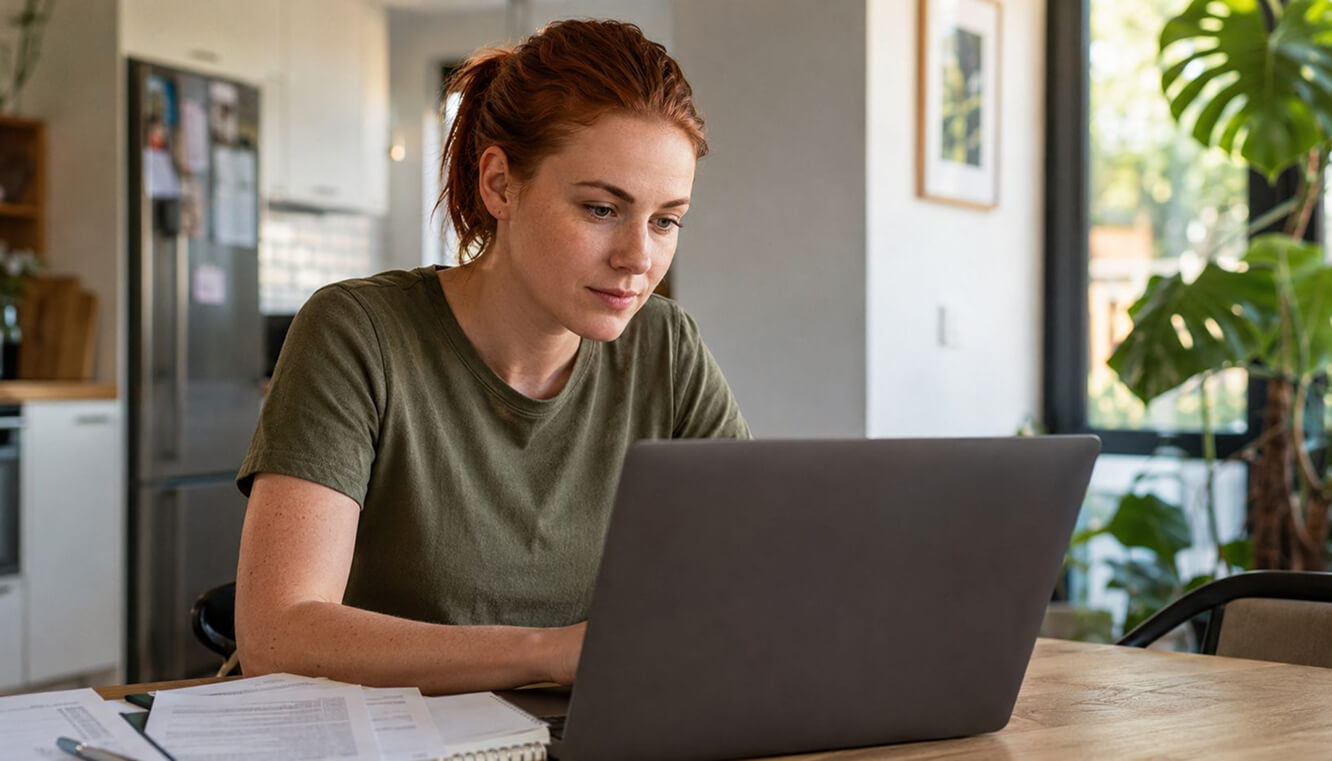 Female Australian veteran preparing her DVA hearing loss claim documents at home.