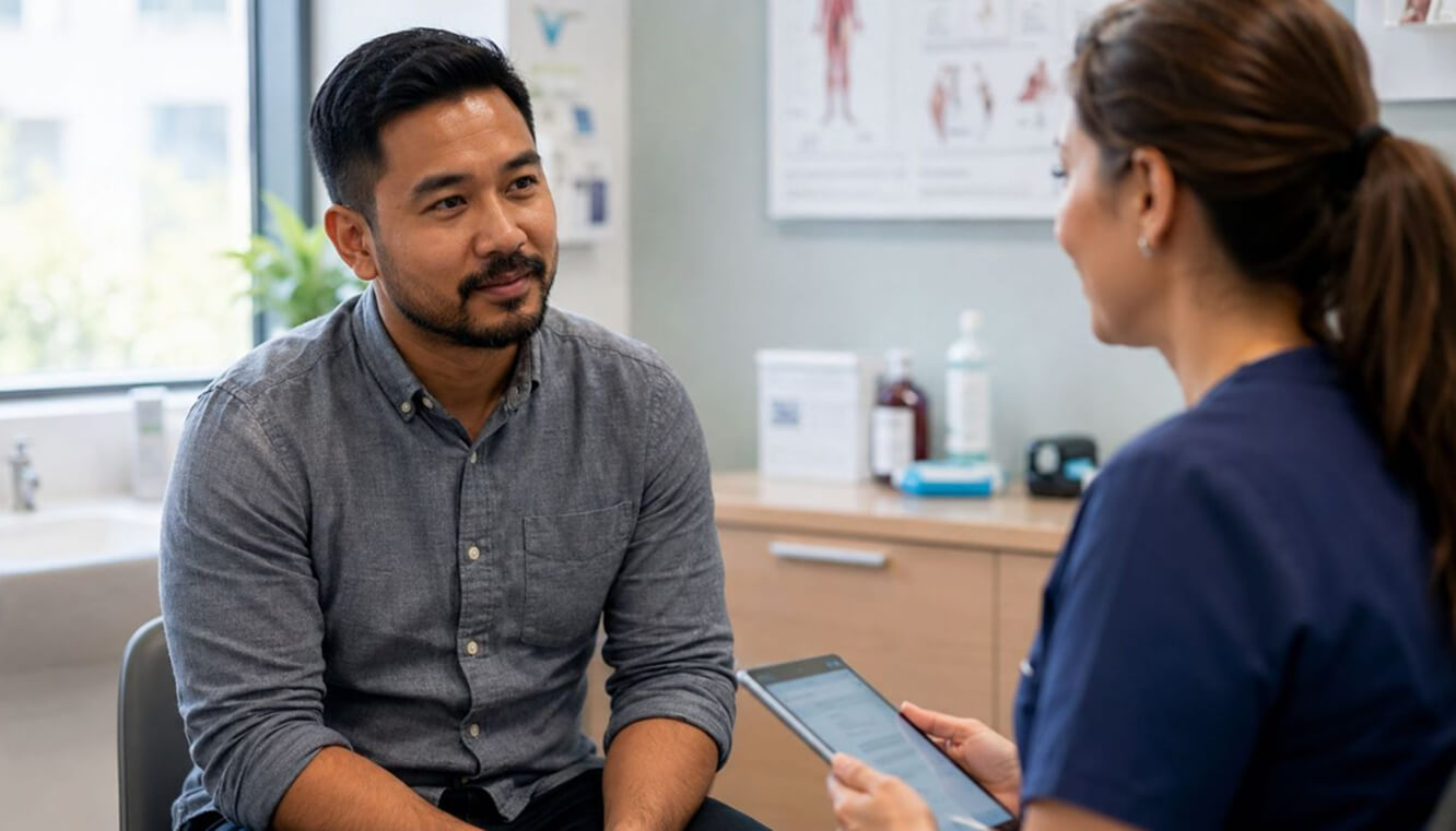 Young veteran discussing treatment access with a GP in an Australian medical clinic.