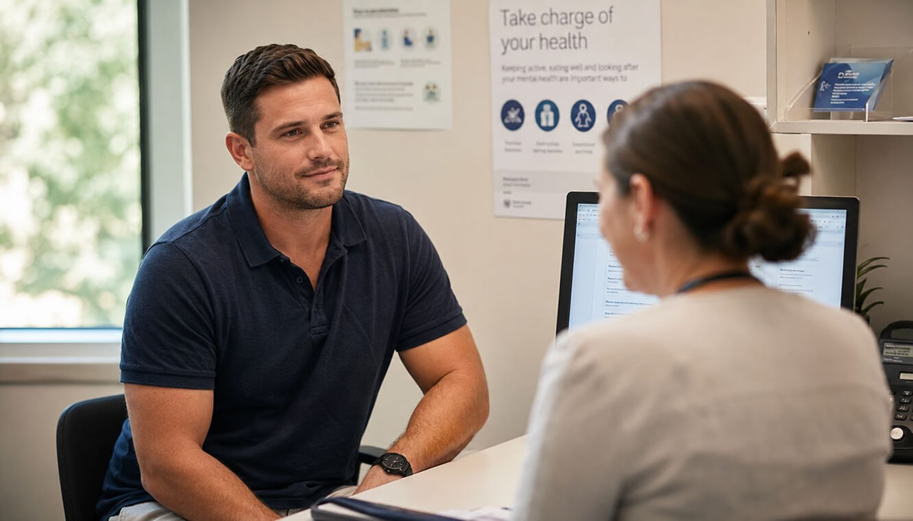 Young veteran discussing the DVA veteran health assessment tool with a GP in an Australian clinic. 