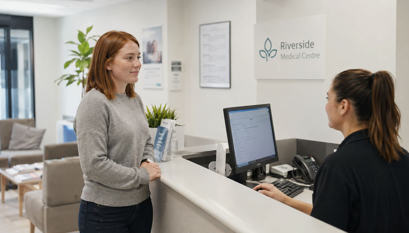 Female veteran booking a Veterans' Health Check at an Australian medical clinic.