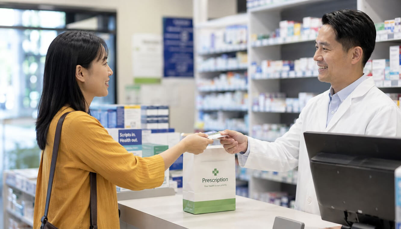 Veteran presenting her Veteran Gold Card at an Australian pharmacy to fill an RPBS prescription.
