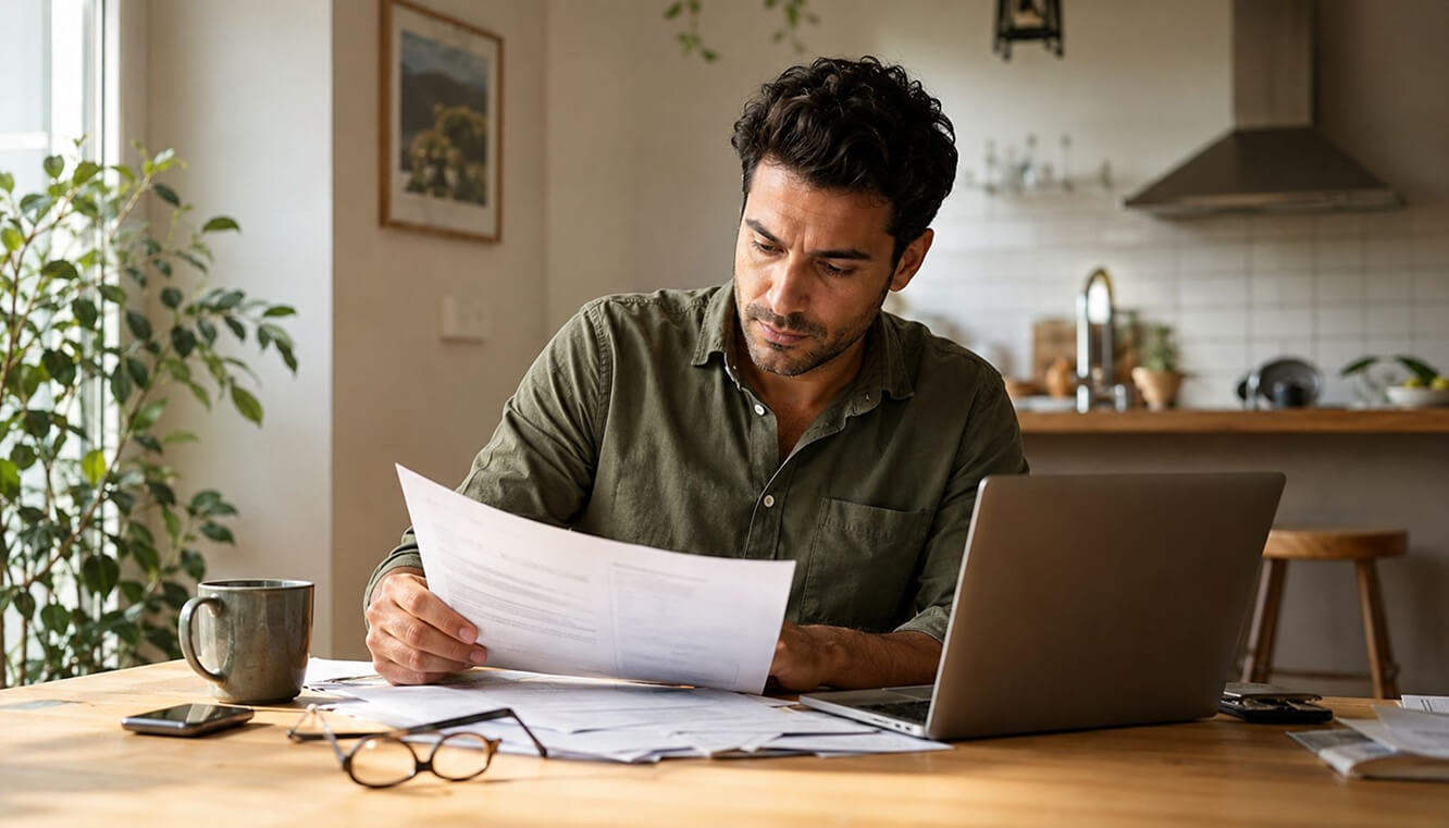 Veteran reviewing DVA permanent impairment claim paperwork at home to work towards a Gold Card.