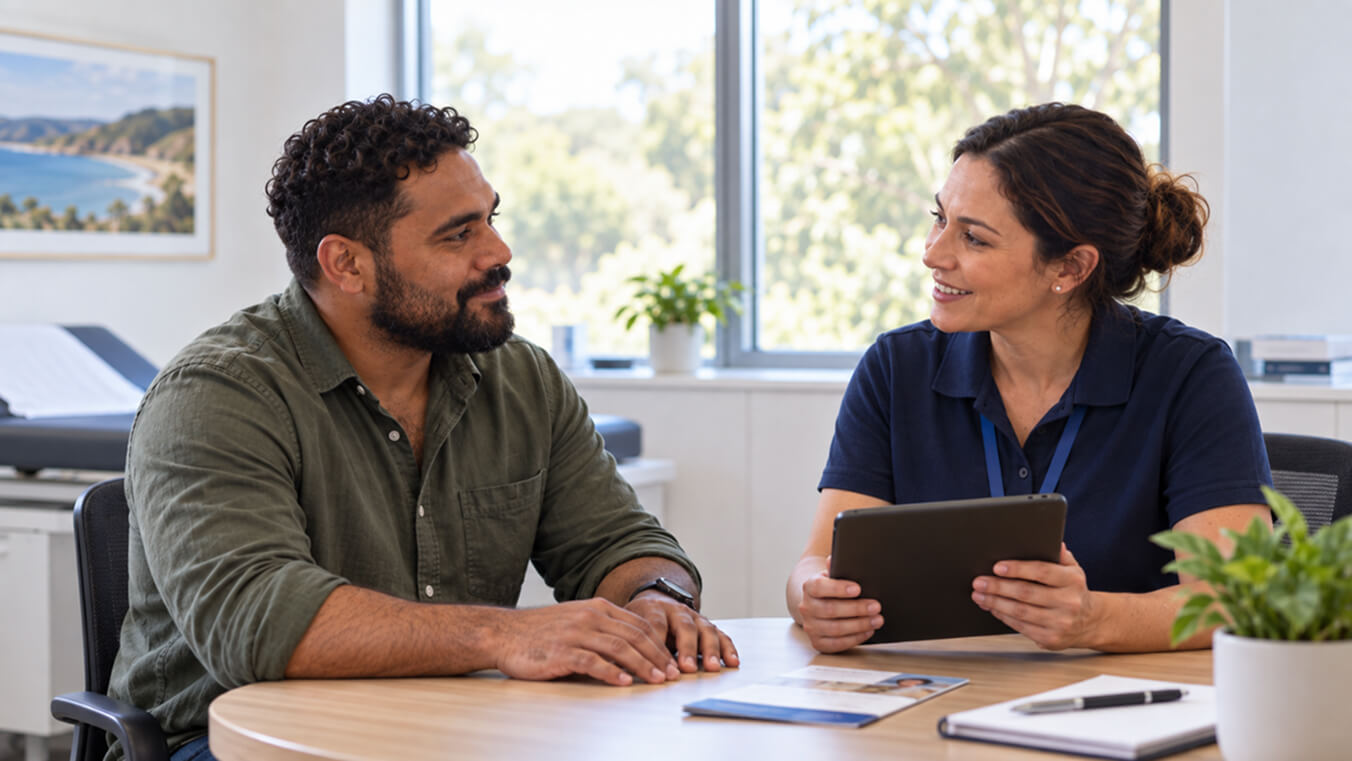 Aboriginal Australian veteran discussing his DVA care plan with a care coordinator in a bright community health clinic.