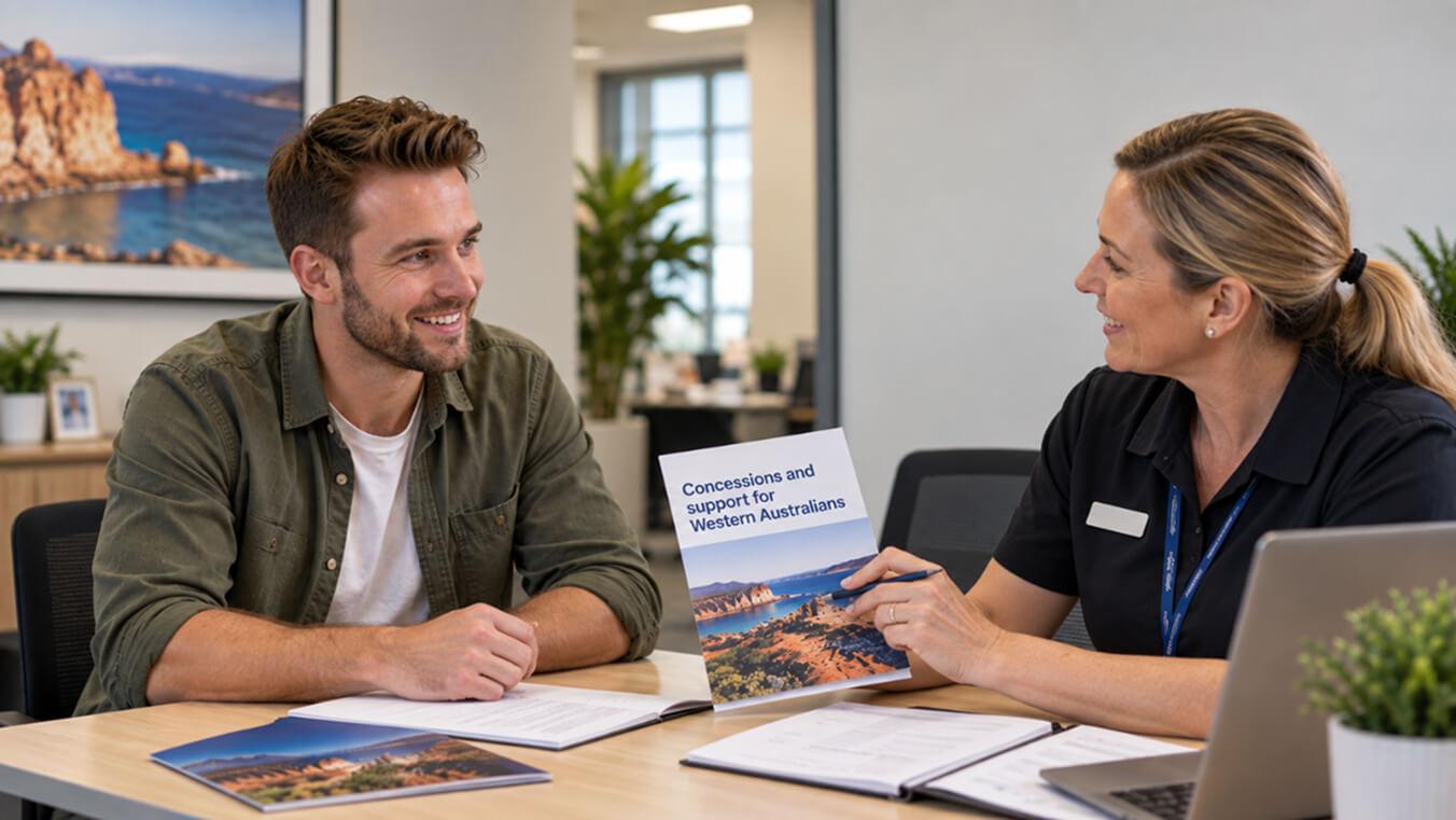 Australian veteran discussing DVA Gold Card entitlements and Western Australian concession support with a community services representative.